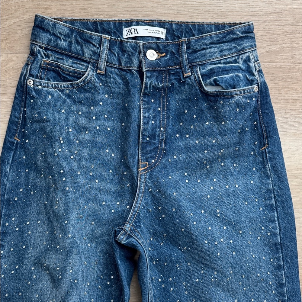 Zara - Rhinestone High Rise Straight Leg Jeans - Picture 4 of 10